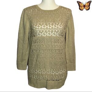 VAN Heusen Vintage Crochet Front 3/4 Sleeve Sweater Size Medium